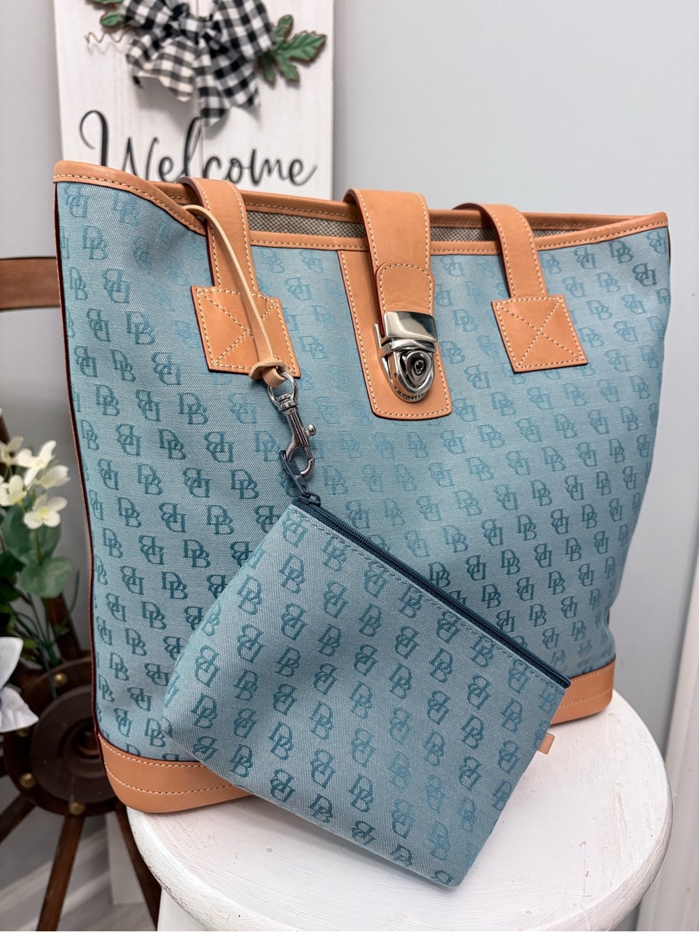 Dooney & Bourke Light Blue Logo Tote with Tan Leather Trim and Coin Pouch